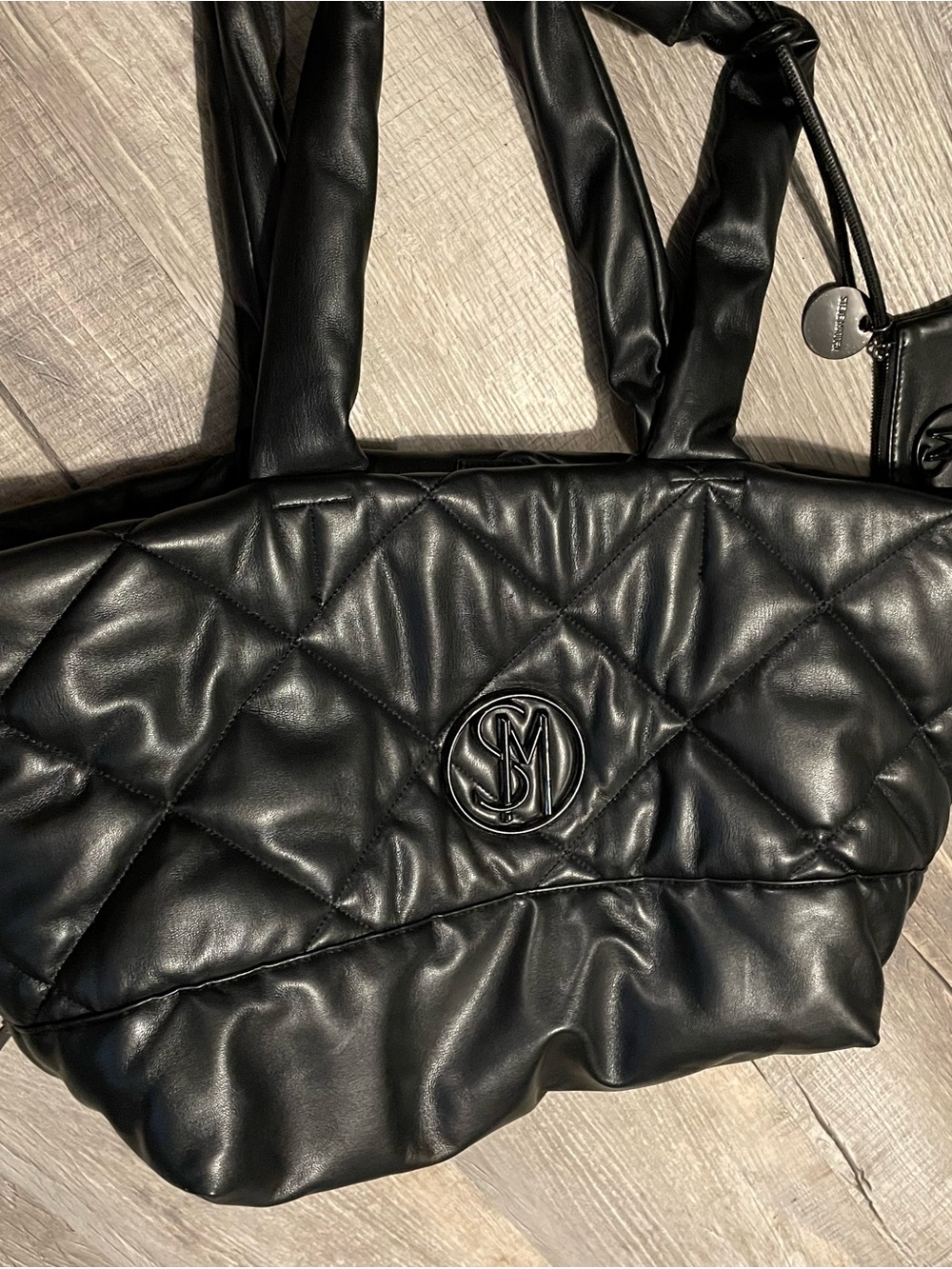 Large Black Quilted Shoulder Bag tote with Monogram Accent Steve Madden & wallet